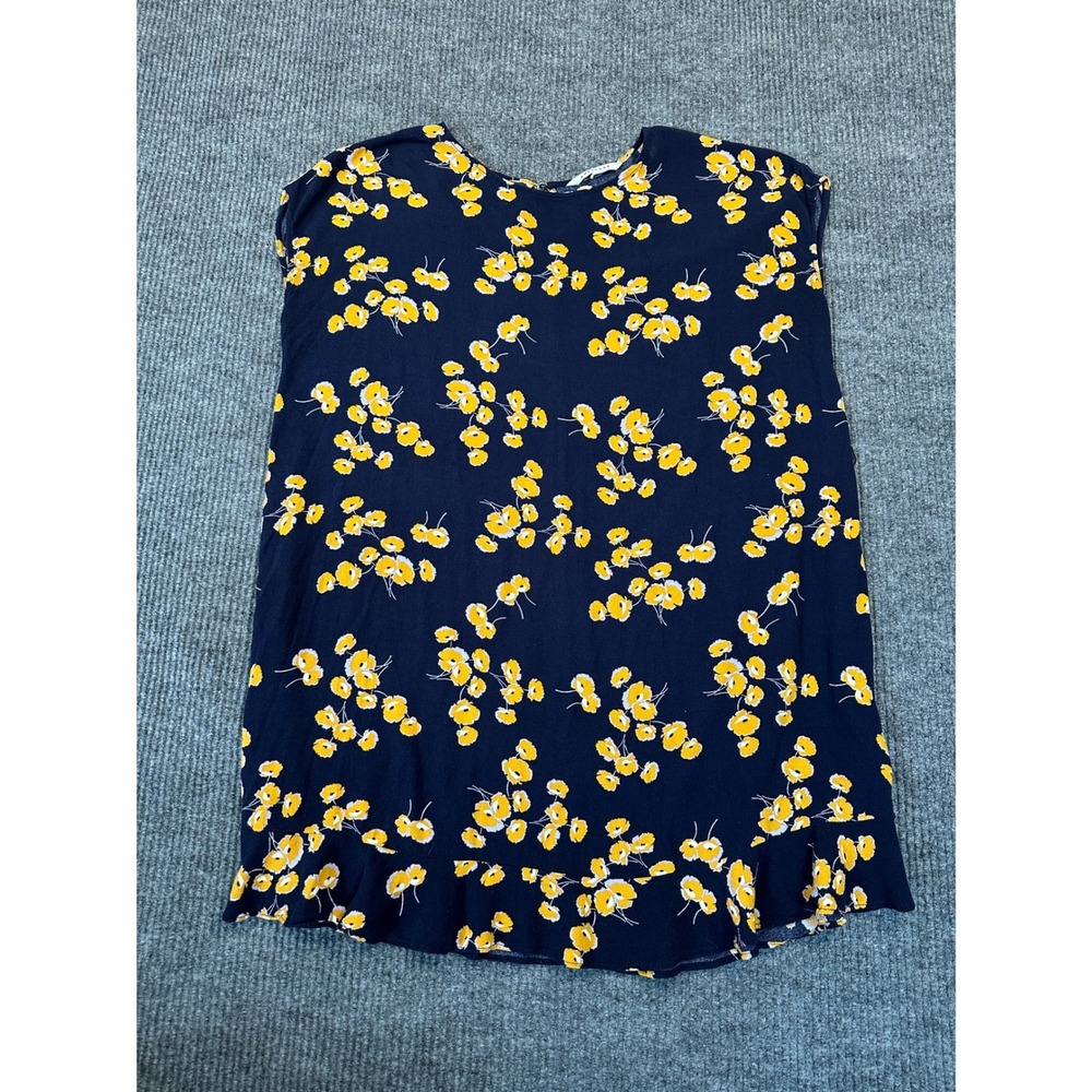 Popsugar Floral Sleeveless Top Large Navy Yellow Ruffle Hem Woven Blouse